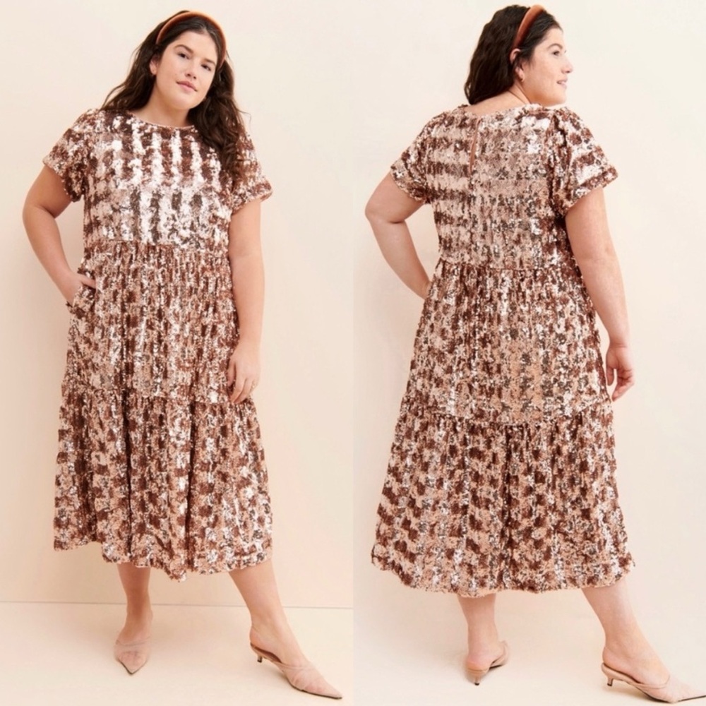 Anthropologie Rose Gold Sequin Tiered Midi Dress